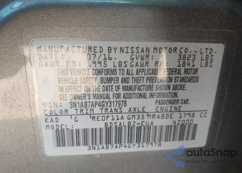 2016 Nissan Sentra S из США, поврежденный, VIN 3N1AB7AP4GY317978